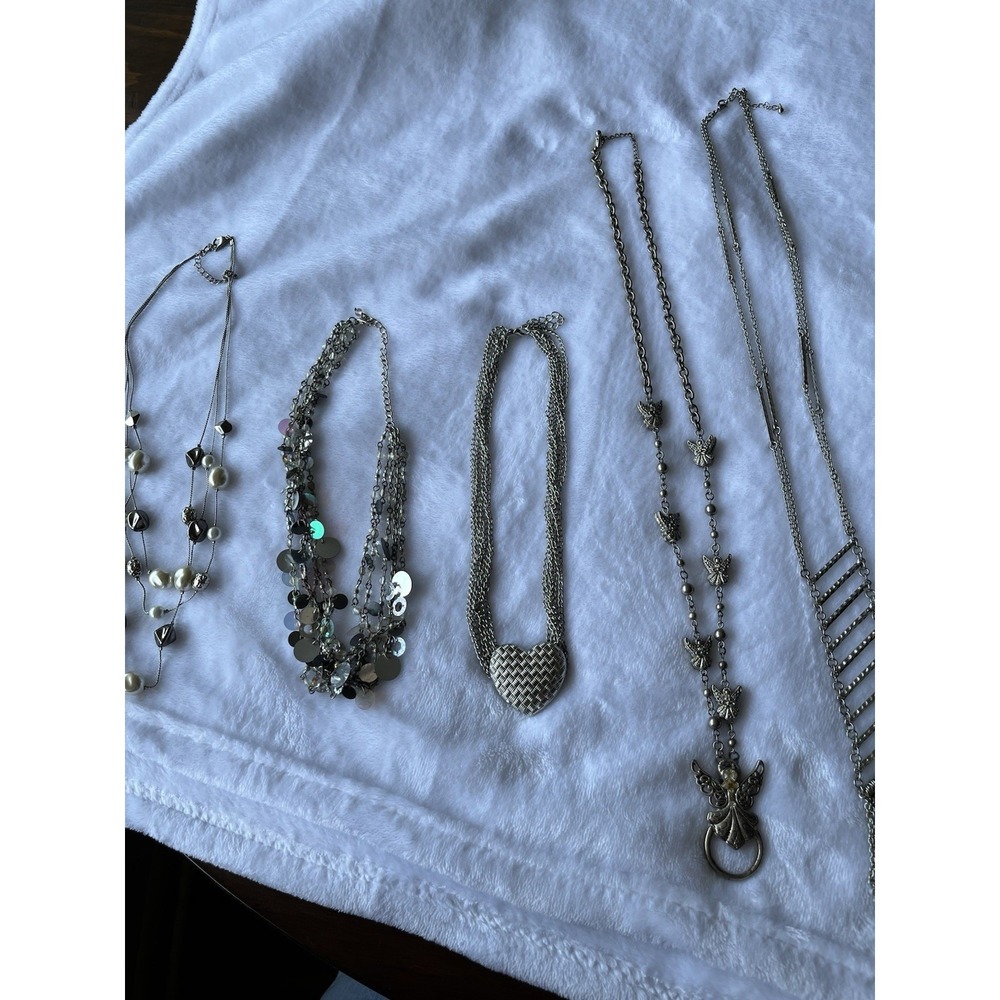 Silver Tone Fashion Necklace Lot 5pc Faux Pearl Heart Pendant Angel Charms